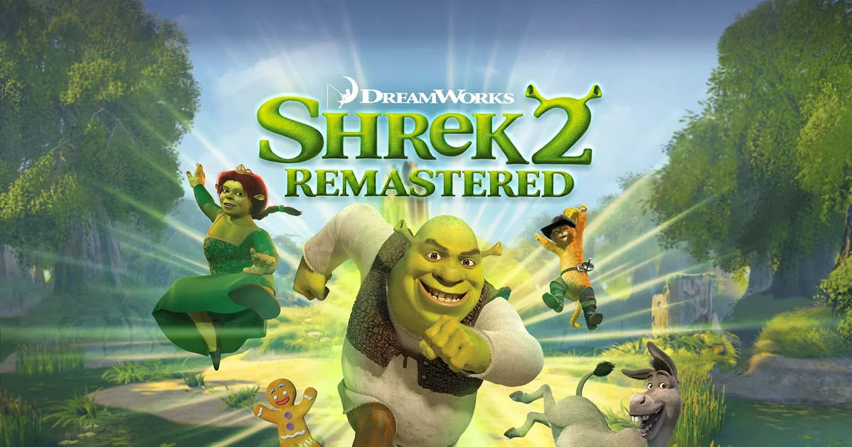 ยักษ์สีเขียวและเพื่อนจากนิทานวิ่งในป่า ใต้โลโก้ DreamWorks Shrek 2 Remastered