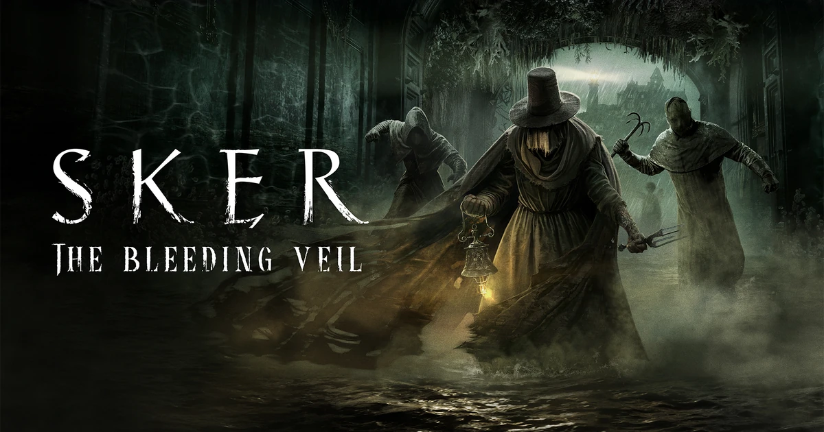 ภาพ Key Art Sker: The Bleeding Veil มีร่างสวมหมวกถือโคมไฟและผู้ไล่ล่าด้านหลัง
