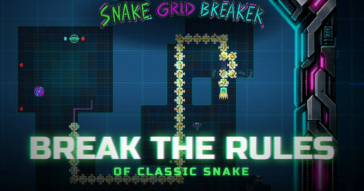 ชื่อเกม Snake Gridbreaker เหนือฉากงูบนกริด พร้อมข้อความ Break the Rules