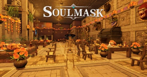 โลโก้ Soulmask เหนือโครงกระดูกสวมหมวกในห้องจัดเลี้ยง