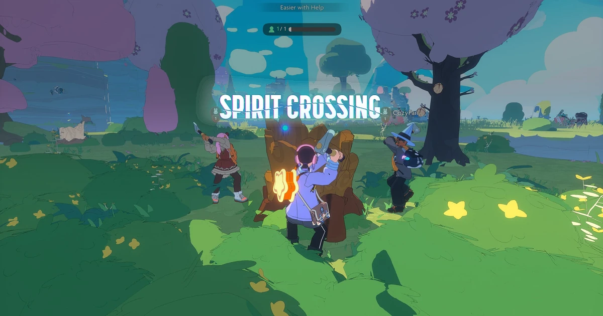 โลโก้ Spirit Crossing เหนือตัวละครกลางแจ้ง