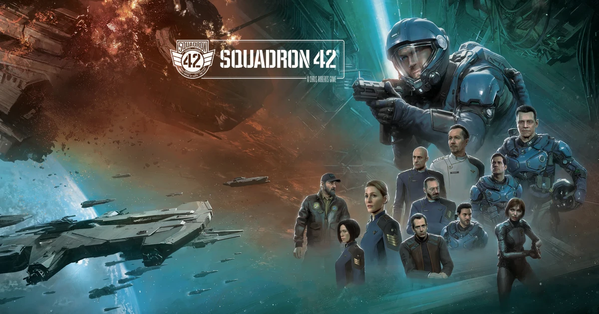 คีย์อาร์ต Squadron 42 มีคนสวมเกราะ กลุ่มลูกเรือ ยานอวกาศ และโลโก้เกม