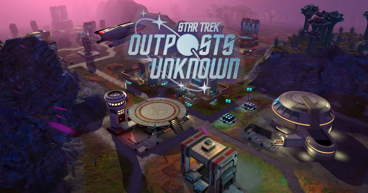 ฐานสิ่งปลูกสร้างล้ำยุคและลานวงกลมระหว่างหน้าผาสีม่วง มีโลโก้ Star Trek Outposts Unknown ด้านบน