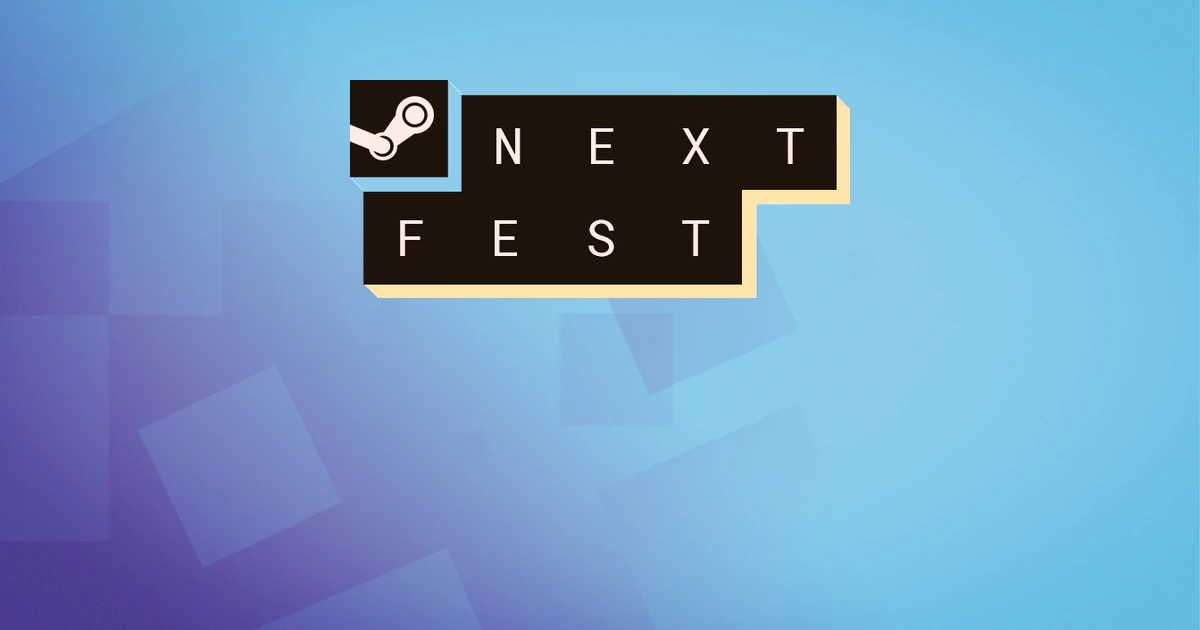 โลโก้ Steam Next Fest บนพื้นหลังสีฟ้าและม่วงพร้อมลวดลายสี่เหลี่ยมโปร่งแสง
