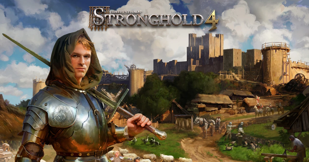 ตราชื่อ Stronghold 4 เหนือตัวละครสวมเกราะและปราสาท