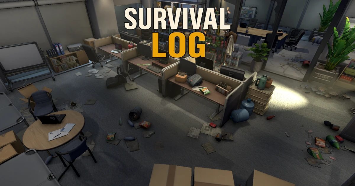 ห้องสำนักงานมีโต๊ะ จอคอมพิวเตอร์ ชั้นเสบียง และโลโก้ Survival Log ด้านบน