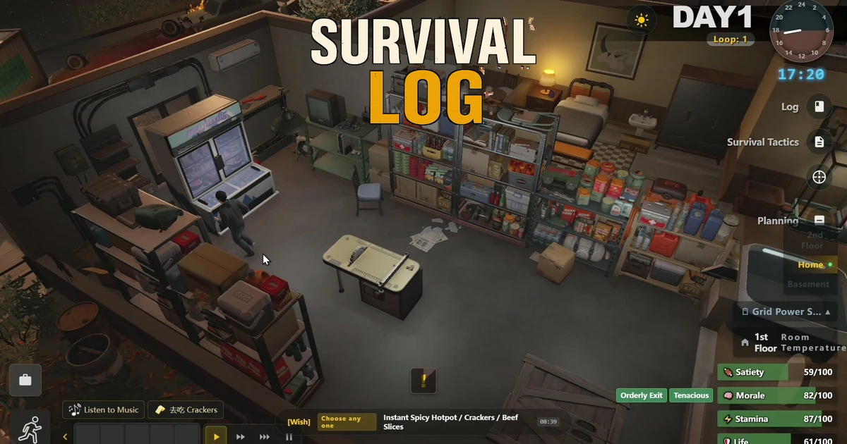 บ้านในเกมมีตัวละคร ตู้แช่ ชั้นวางเสบียง และโลโก้ Survival Log ด้านบน