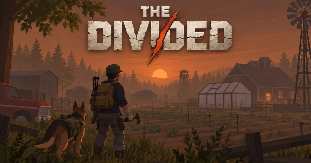 ตราชื่อ The Divided เหนือคนสะพายเป้กับสุนัขที่มองฟาร์มยามเย็น