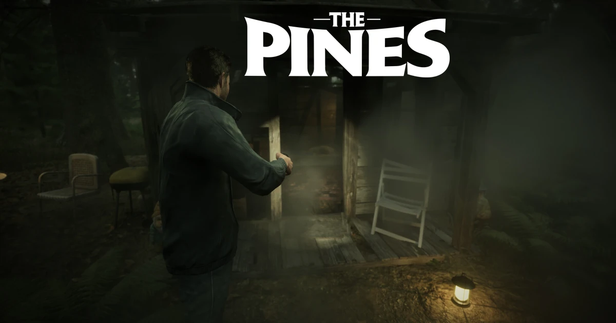 โลโก้ The Pines เหนือตัวละครที่ยืนหน้าทางเข้าบ้านไม้
