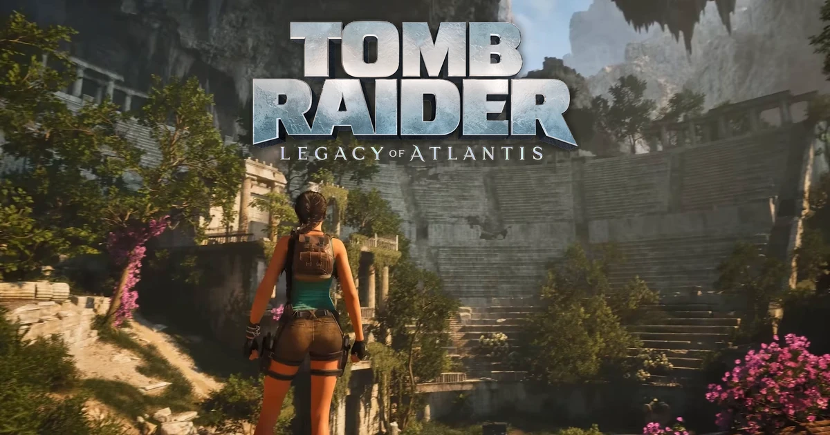 โลโก้ Tomb Raider Legacy of Atlantis เหนือนักผจญภัยหญิงยืนมองอัฒจันทร์หินในถ้ำ