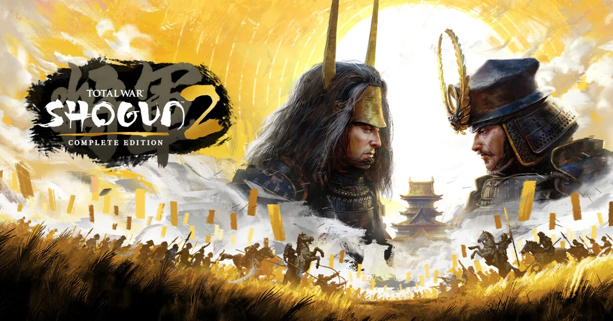 ซามูไรสองคนหันเข้าหากันเหนือปราสาทและกองทัพ พร้อมโลโก้ Total War SHOGUN 2 Complete Edition