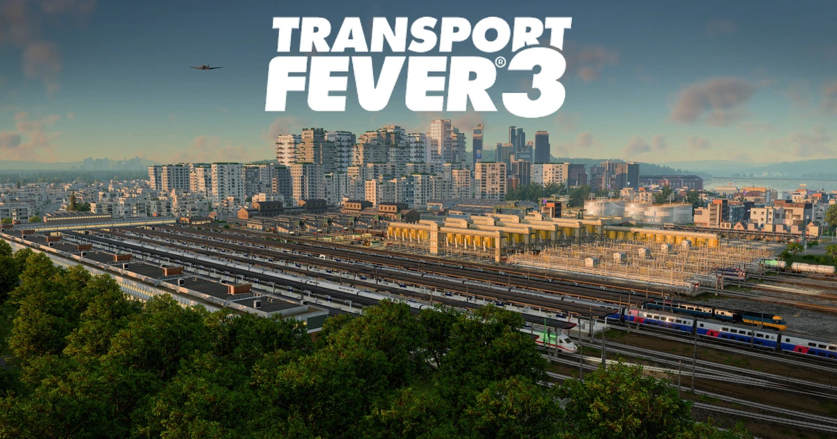 โลโก้ Transport Fever 3 เหนือภาพเมือง ลานรถไฟ และเครื่องบินบนท้องฟ้า