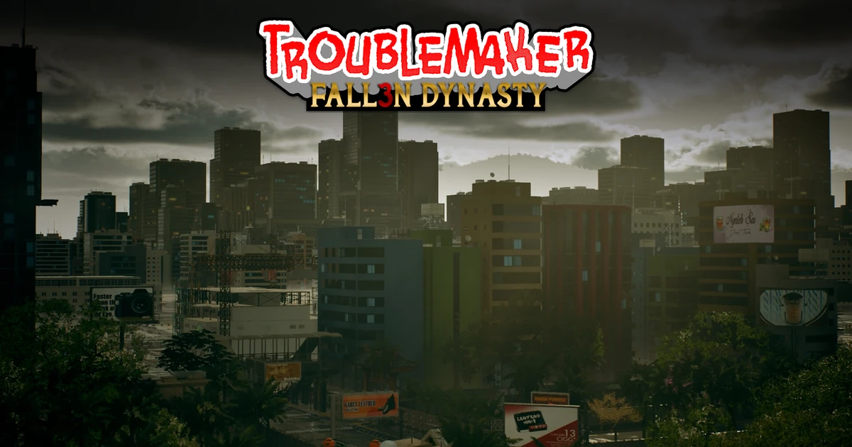 ภาพเมืองที่มีตึกสูงกับโลโก้เกม Troublemaker 3