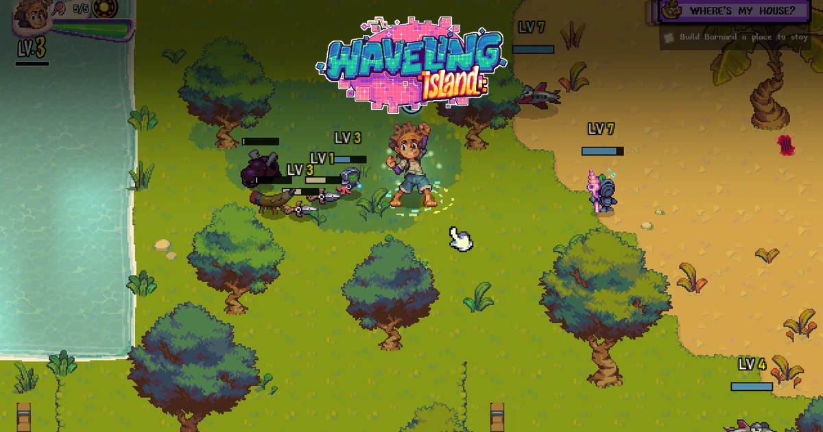 โลโก้ Waveling Island เหนือฉากตัวละครและสิ่งมีชีวิตบนเกาะ