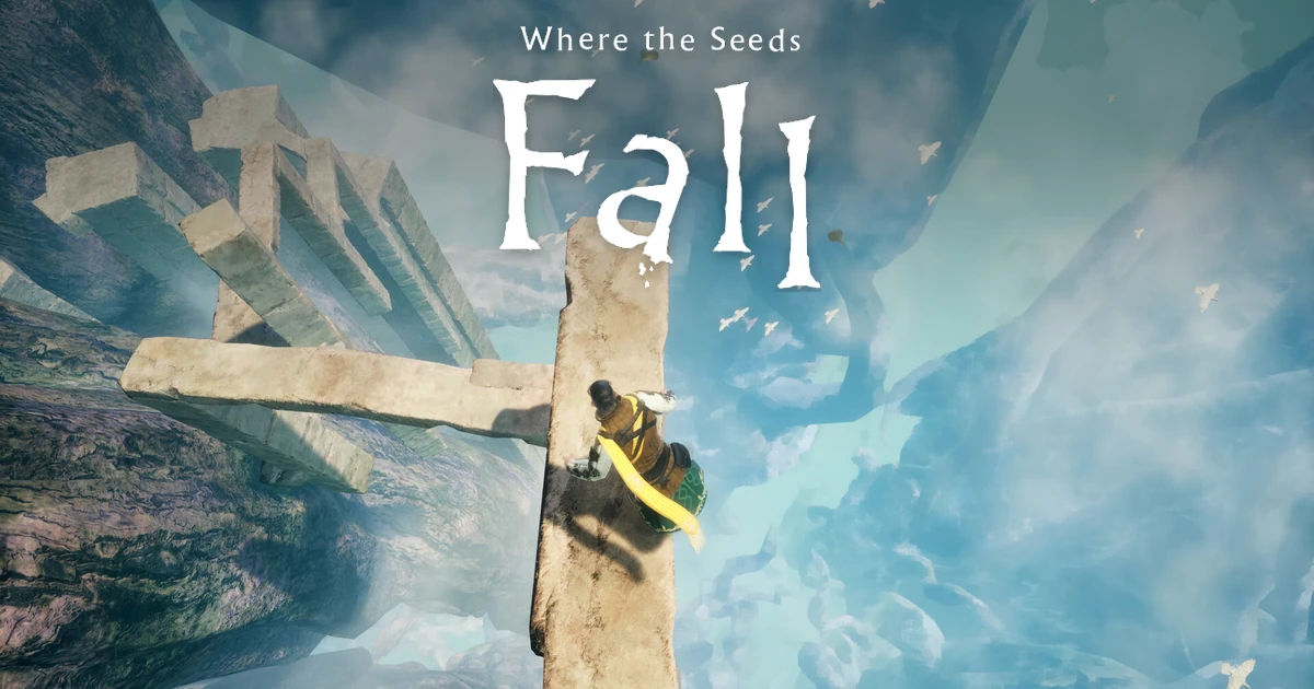 ตัวละครผ้าพันคอเหลืองอยู่บนคานหินเหนือช่องลึก มีโลโก้ Where the Seeds Fall ด้านบน