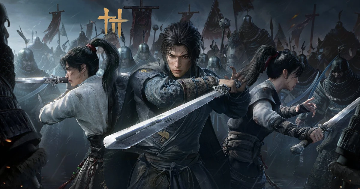 นักดาบสามคนยืนรับมือกองทหารในภาพโปรโมต Hutuo พร้อมตราเกมสีทอง