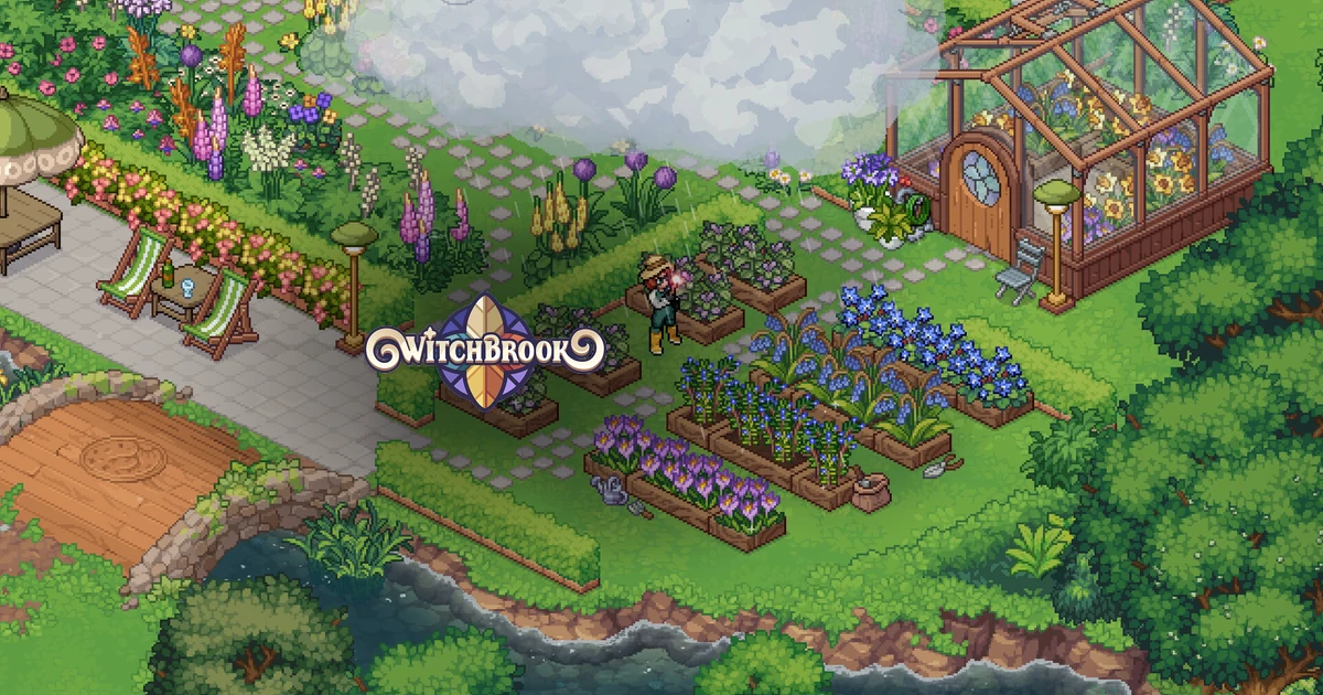 สวนดอกไม้กับเรือนกระจกและตัวละครใต้โลโก้ Witchbrook