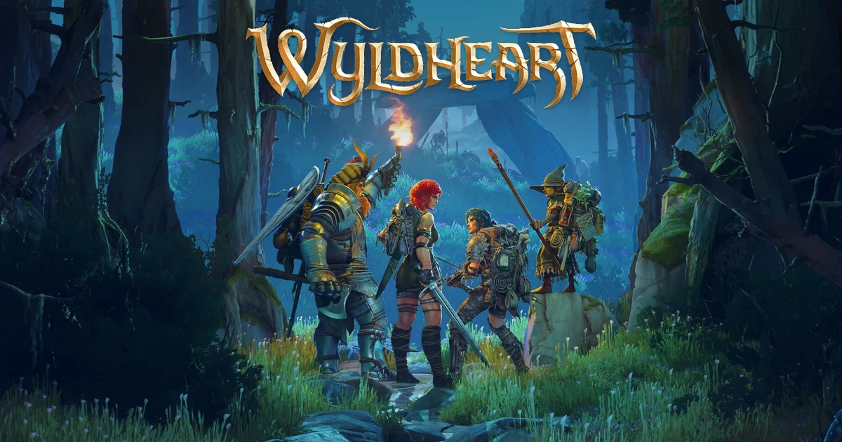 คีย์อาร์ต Wyldheart พร้อมโลโก้สีทอง นักผจญภัยถือคบเพลิงและอาวุธในป่าสีฟ้า
