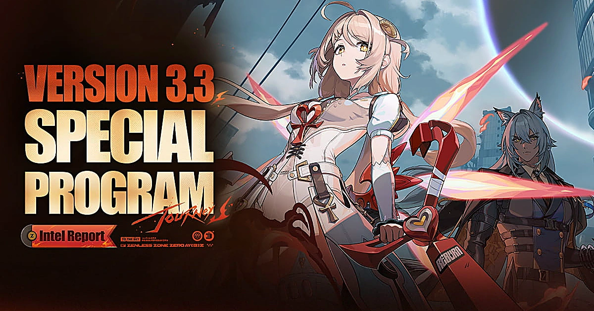 หญิงถืออาวุธสีแดงและชายผมขาวข้างข้อความ VERSION 3.3 SPECIAL PROGRAM